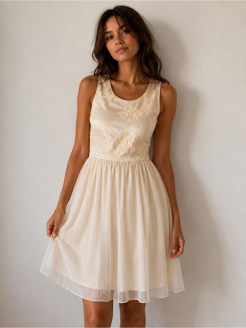 Cream Embroidered Open Back Chiffon Dress Fairycore Coquette - Picture 2 of 7